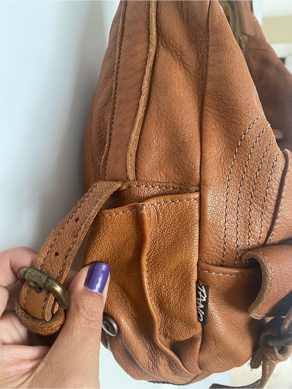 Tano Hobo Slouch Shoulder Bag Pebbled Leather In Cognac Hippie 70s Vintage Style - Picture 8 of 13
